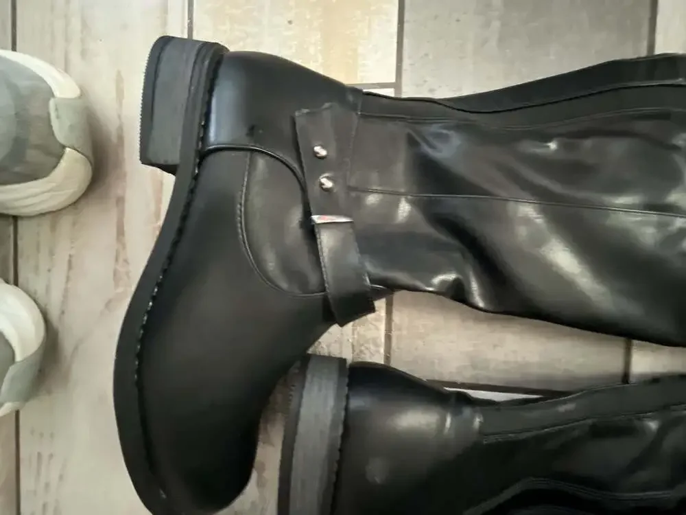 Black Over-the-Knee Riding Boots with Buckle Straps and Side Zippers